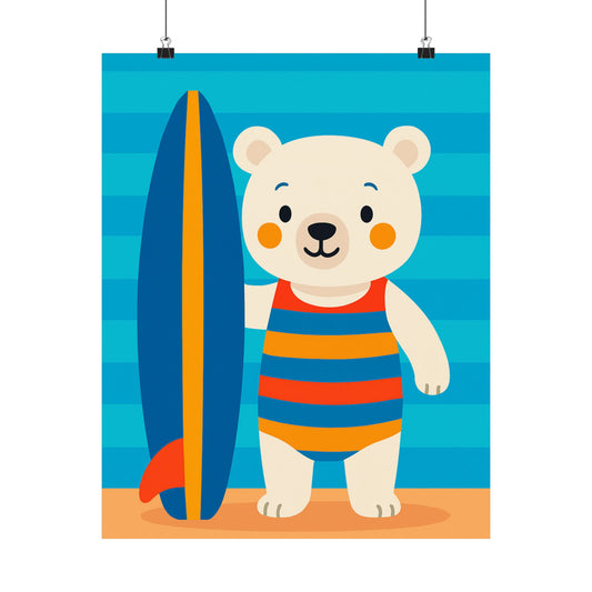 Cute Bear Surfing Poster, Playroom Wall Art, Kids Room Decor, Summer Vibe Art, Bear Lovers Gift