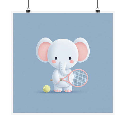 Playful Elephant Tennis Poster, Kids Room Decor, Nursery Wall Art, Animal Illustration, Childrens Room Decor