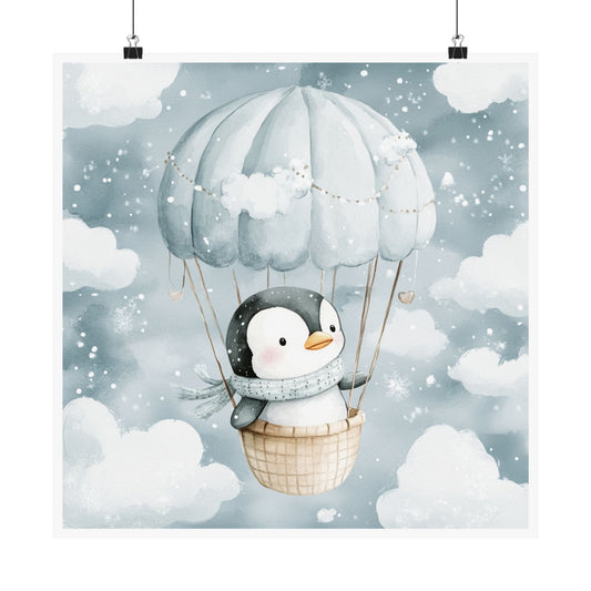 Cute Penguin Hot Air Balloon Matte Vertical Posters, Nursery Decor, Kids Room Wall Art, Baby Shower Gift, Whimsical Artwork