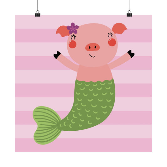 Whimsical Mermaid Pig Poster, Cute Wall Art, Nursery Decor, Kids Room Decoration, Beach Theme Artwork, Baby Shower Gift
