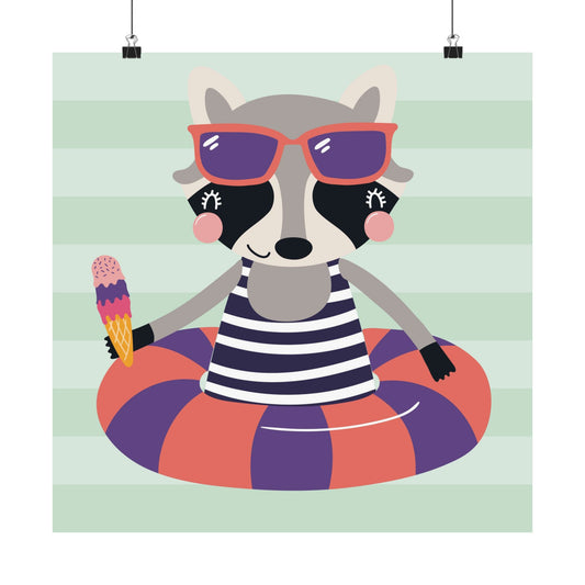 Fun Animal Art Prints, Cute Raccoon Wall Decor, Whimsical Kids Room Poster, Summer Vibes Artwork, Nautical Nursery Decor