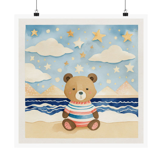 Cute Bear Beach Wall Art Poster, Kids Room Decor, Nursery Print, Childrens Art, Birthday Gift, Ocean Theme Decor, Bear Lover Gift