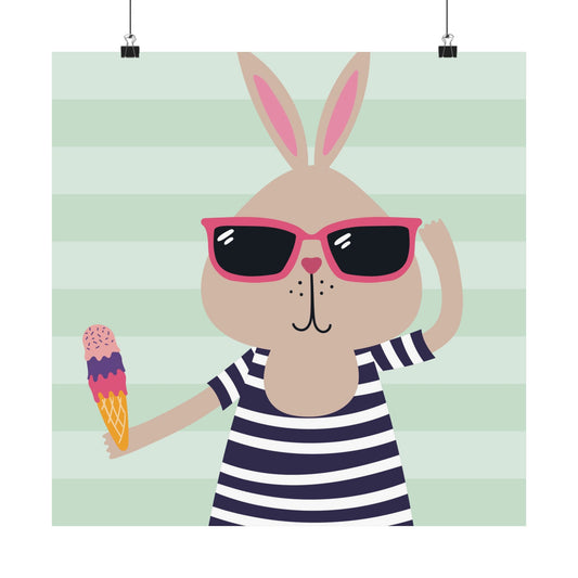 Fun Bunny Ice Cream Poster, Cute Animal Wall Art, Kids Room Decor, Summer Vibes Print, Playful Home Decoration