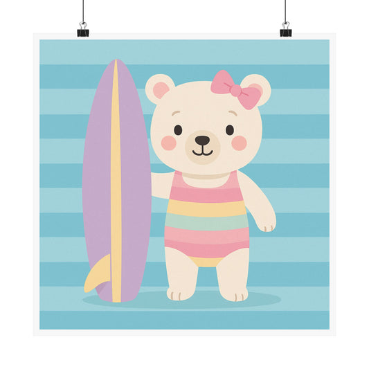Cute Bear Surfing Vertical Poster, Kids Room Decor, Playroom Wall Art, Nautical Nursery Print, Summer Vibes, Childrens Art