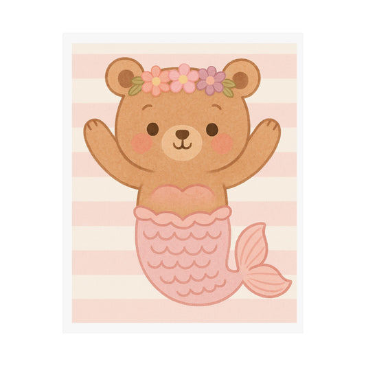 Cute Mermaid Bear Poster, Nursery Wall Art, Baby Shower Gift, Kids Room Decor, Animal Print, Playroom Decoration