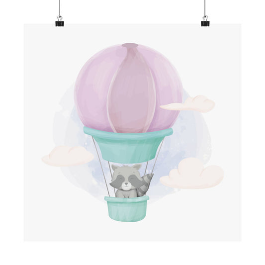 Whimsical Hot Air Balloon Poster, Cute Nursery Art, Kids Room Decor, Raccoon Wall Art, Playful Home Décor