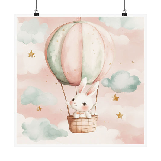 Whimsical Bunny Hot Air Balloon Poster, Cute Nursery Wall Art, Kids Room Decor, Baby Shower Gift, Pastel Art Print