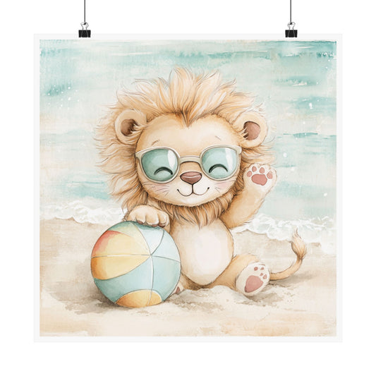 Cute Lion Beach Poster, Kids Room Decor, Summer Vibes Wall Art, Nursery Print, Animal Illustration