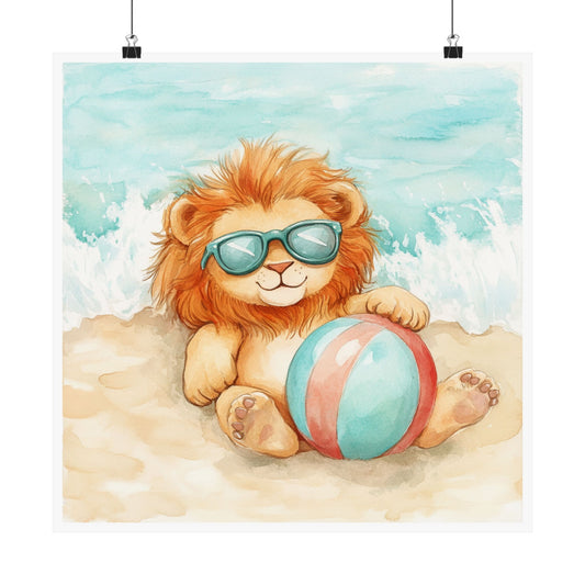 Cute Lion Beach Wall Art Print, Nursery Decor, Kids Room, Summer Vibe Poster, Baby Shower Gift, Animal Illustration