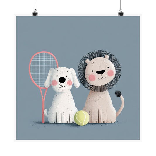 Playful Animal Poster, Cute Dog and Lion Art Print, Nursery Wall Decor, Kids Room Decor, Animal Lovers Gift
