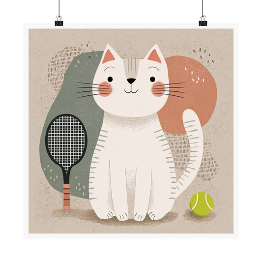 Whimsical Cat Sports Poster, Cat Lover Wall Art, Cute Home Decor, Tennis Cat Illustration, Gift for Cat Owners