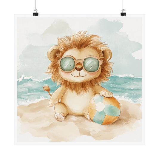 Cute Lion Beach Poster, Nursery Art, Kids Room Decor, Summer Vibes Wall Art, Playful Home Decor, Gift for Baby Shower