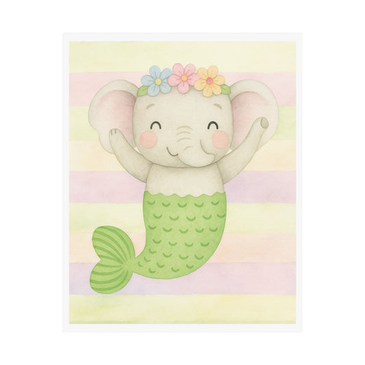 Cute Elephant Mermaid Matte Vertical Posters, Nursery Decor, Kids Room Art, Baby Shower Gift, Playroom Wall Art