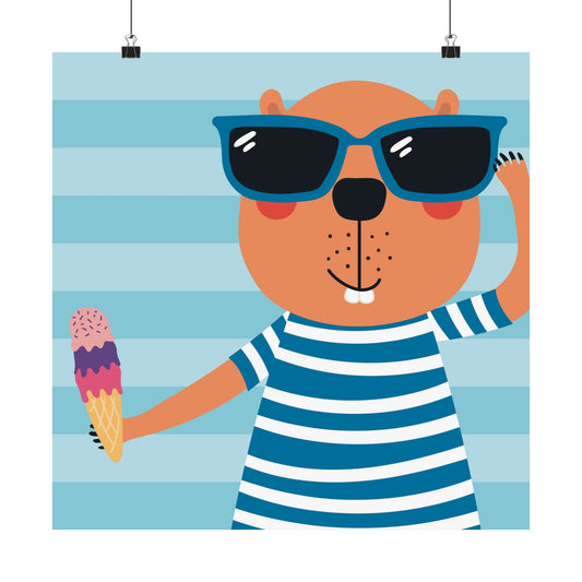 Fun Summer Beaver Poster, Cute Animal Wall Art, Kid's Room Decor, Ice Cream Art Print, Playful Home Decoration
