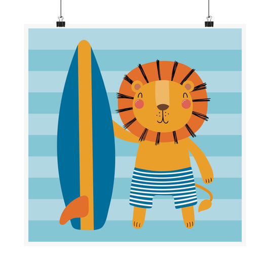 Cute Surfing Lion Vertical Poster, Kid's Room Decor, Nursery Wall Art, Beach Theme Art, Animal Print, Gift for Boys