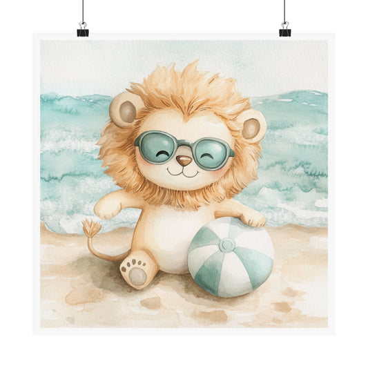 Cute Lion Beach Art Poster, Nursery Wall Decor, Kid's Room Decoration, Summer Vibes, Animal Print, Beach Lover Gift