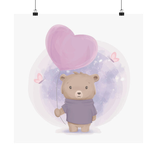 Cute Bear Poster with Heart Balloon, Nursery Wall Art, Kids Room Decor, Gift for New Parents, Baby Shower Decoration