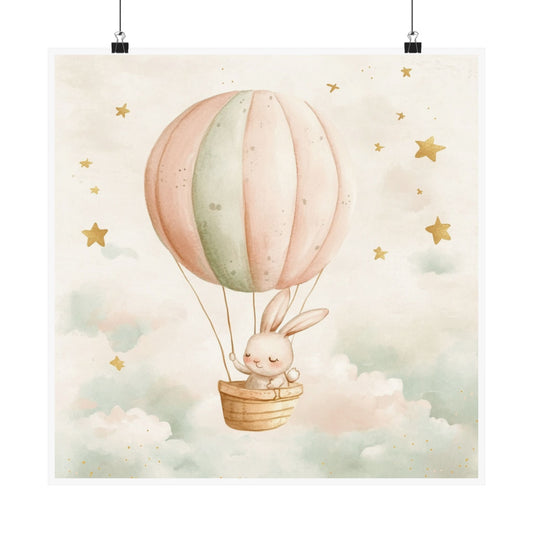 Whimsical Bunny Hot Air Balloon Art Print, Kids Room Decor, Nursery Wall Art, Baby Shower Gift, Playroom Decoration