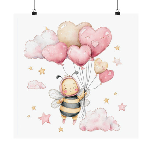 Whimsical Bee Poster, Cute Nursery Decor, Kids Room Art, Baby Shower Gift, Heart Balloon Print