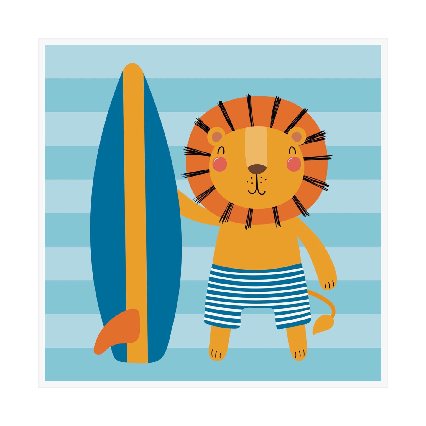Cute Surfing Lion Vertical Poster, Kid's Room Decor, Nursery Wall Art, Beach Theme Art, Animal Print, Gift for Boys