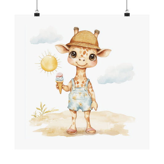 Playful Giraffe Poster with Ice Cream, Cute Wall Art, Kids Room Decor, Nursery Decoration, Fun Summer Vibe, Gift for Children