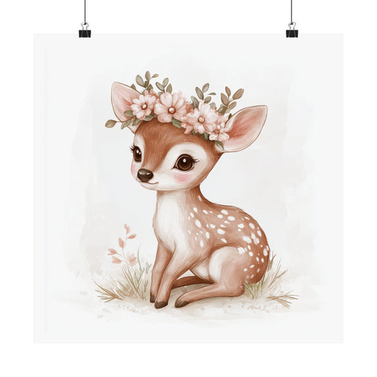 Whimsical Baby Deer Poster, Nursery Wall Art, Cute Animal Decor, Floral Child Room Print, Ideal for Kids' Birthday, Baby Shower