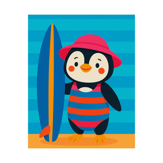 Cute Penguin Surfing Poster, Kid's Room Decor, Summer Wall Art, Beach Theme Print, Playful Animal Artwork