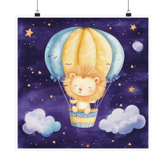 Whimsical Lion Hot Air Balloon Poster, Cute Wall Art for Kids Room, Nursery Decor, Playroom Decoration, Dreamy Bedroom Art