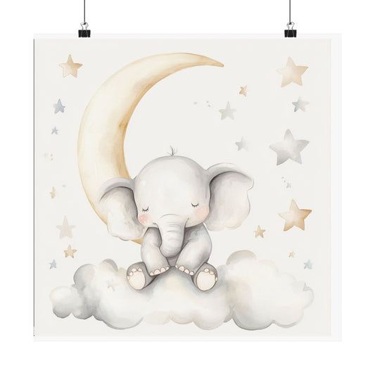 Cute Elephant Nursery Wall Art Poster, Baby Room Decor, Neutral Color Decor, Newborn Gift, Kid's Room Decoration, Moon & Stars Print