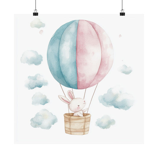 Whimsical Bunny Hot Air Balloon Poster, Nursery Art, Baby Shower Gift, Kids Room Decor, Cute Wall Art, Playroom Decoration