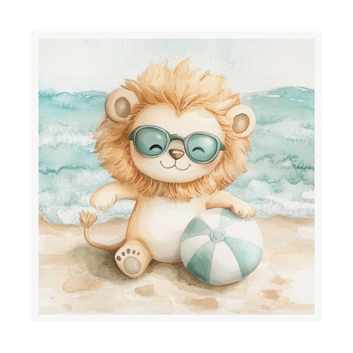 Cute Lion Beach Art Poster, Nursery Wall Decor, Kid's Room Decoration, Summer Vibes, Animal Print, Beach Lover Gift