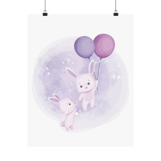 Whimsical Bunny Balloon Art Prints, Cute Nursery Wall Decor, Kids Room Posters, Playful Gift for Baby Showers, Pastel Animal Art