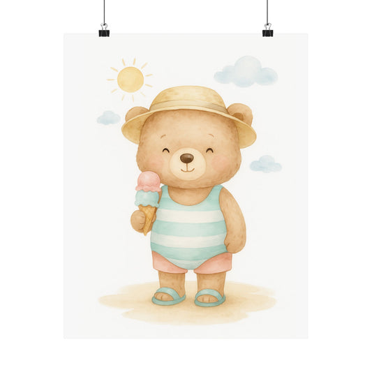 Cute Bear Beach Poster, Nursery Decor, Kids Room Art, Summer Vibe Wall Art, Playroom Decor, Birthday Gift