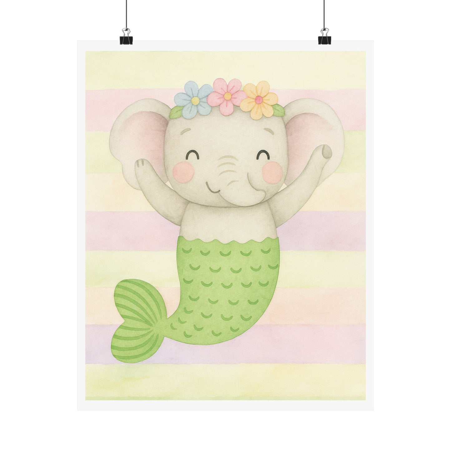 Cute Elephant Mermaid Matte Vertical Posters, Nursery Decor, Kids Room Art, Baby Shower Gift, Playroom Wall Art