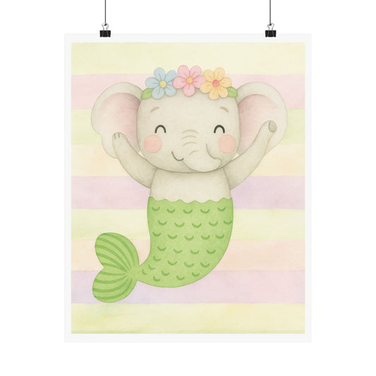 Cute Elephant Mermaid Matte Vertical Posters, Nursery Decor, Kids Room Art, Baby Shower Gift, Playroom Wall Art