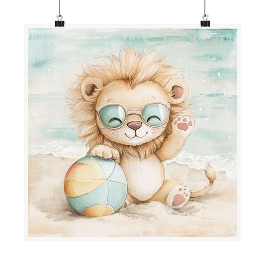 Cute Lion Beach Poster, Kids Room Decor, Summer Vibes Wall Art, Nursery Print, Animal Illustration