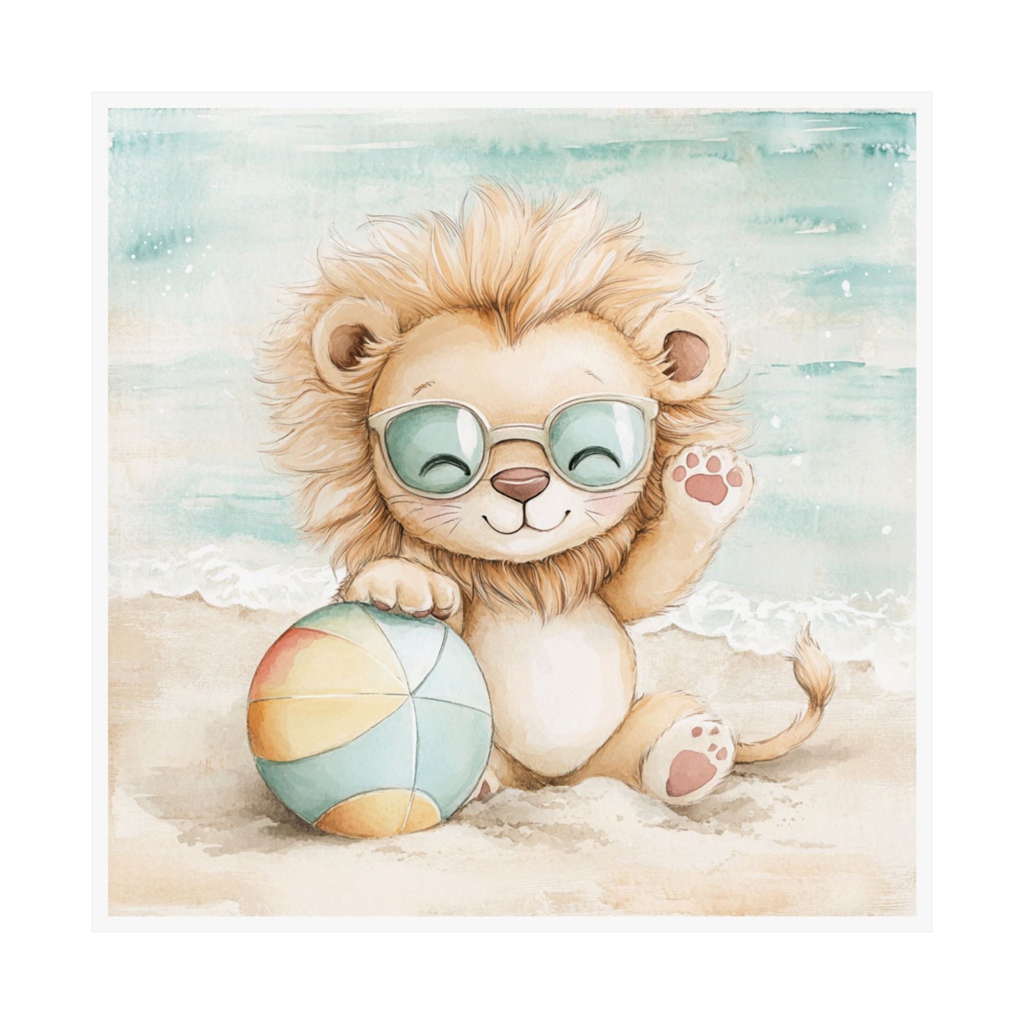 Cute Lion Beach Poster, Kids Room Decor, Summer Vibes Wall Art, Nursery Print, Animal Illustration