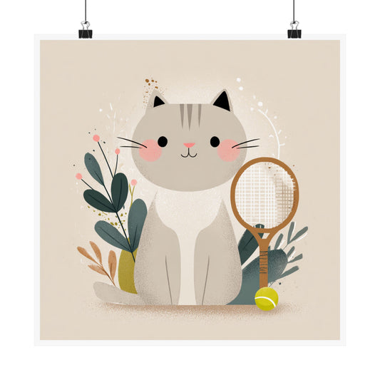 Cute Cat Tennis Poster, Cat Lover Art Print, Whimsical Home Decor, Animal Wall Art, Gift for Cat Fans