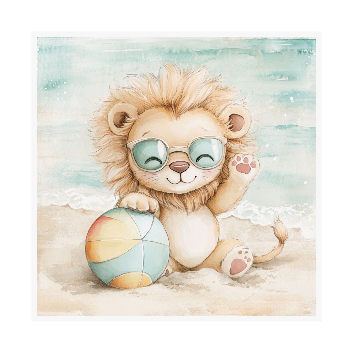 Cute Lion Beach Poster, Kids Room Decor, Summer Vibes Wall Art, Nursery Print, Animal Illustration