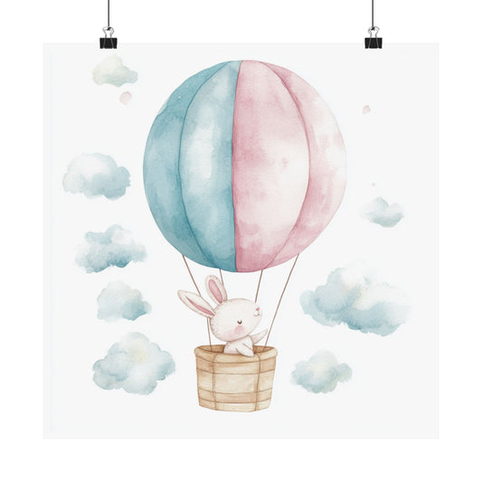 Whimsical Bunny Hot Air Balloon Poster, Nursery Art, Baby Shower Gift, Kids Room Decor, Cute Wall Art, Playroom Decoration