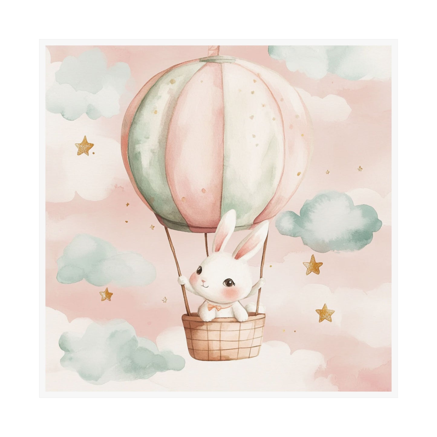 Whimsical Bunny Hot Air Balloon Poster, Cute Nursery Wall Art, Kids Room Decor, Baby Shower Gift, Pastel Art Print