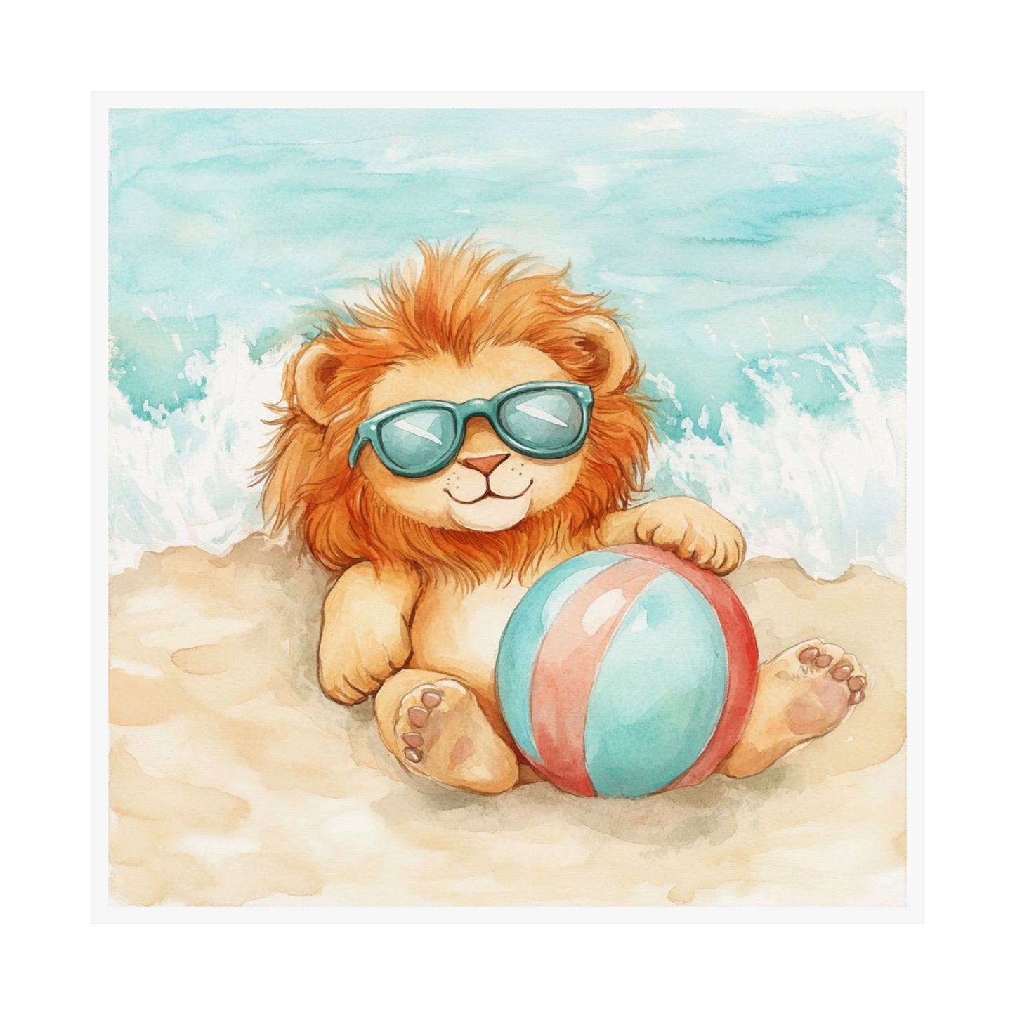 Cute Lion Beach Wall Art Print, Nursery Decor, Kids Room, Summer Vibe Poster, Baby Shower Gift, Animal Illustration