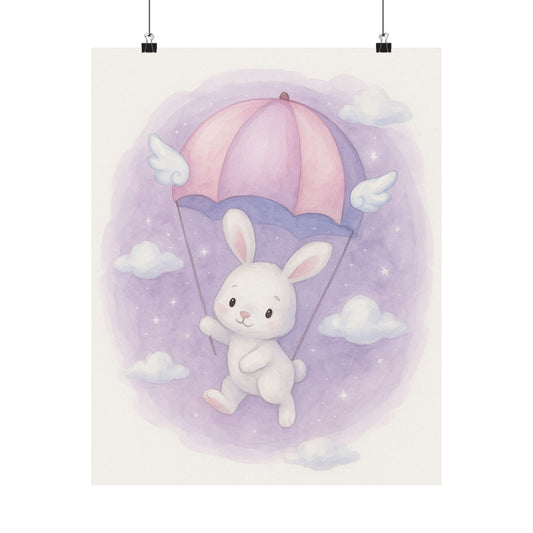 Whimsical Bunny Parachute Poster, Nursery Decor, Cute Baby Room Wall Art, Sweet Animal Poster, Kids' Room Decoration